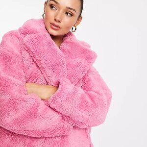 Topshop Pink Faux Fur Teddy Bear Button-Up Peacoat with Oversized Pockets